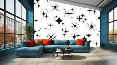 Star sparkle and twinkle seamless pattern background, vector bursts and flashes. Star shine and sparks or glitter light with twinkle and flare glare of magic rays glow pattern, black on white Wall mural