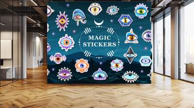 Stickers pack set of magical witchcraft eyes. Mystical esoteric symbols against a dark, enchanted background with night haunted cemetery. Vector set of supernatural and occult all-seeing eye patches Wall mural