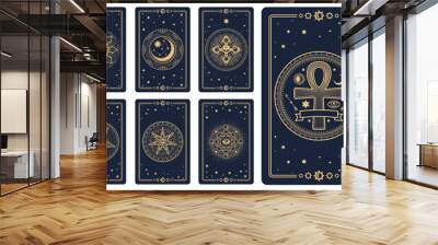 Tarot cards covers with magic esoteric signs and mystic occult symbols, vector reverse decks design. Tarot cards with esoteric magic symbols of sun and stars, Ankh cross and mason pyramid in pentagram Wall mural