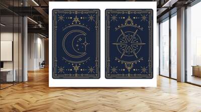 Tarot cards with magic occult and esoteric symbols and mystic signs, vector reverse decks. Tarot cards with golden line sun, moon crescent and star in celestial frames with sacred geometry design Wall mural