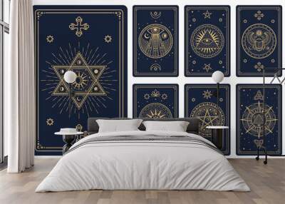 Tarot cards with magic signs and esoteric mystic symbols, vector decks covers. Tarot cards with esoteric magic sun and stars in pentagram with masons pyramid and Horus eye for reverse decks design Wall mural