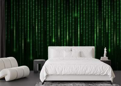 Technology background, digital binary code matrix, vector computer cyberspace and internet communication coding. Digital binary code matrix green background, internet data network and programming Wall mural