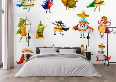 Tex mex mexican food superhero and defender characters. Isolated vector tacos, burrito, chili pepper and nachos, enchiladas, jalapeno, tamale and chimichanga with tequila, churros, mezcal and pulque Wall mural