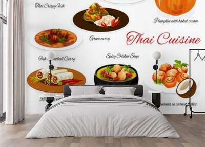 Thai food and Thailand cuisine menu, Asian restaurant dish plates, vector. Traditional Thai food, spicy chicken soup, fish with chili basil sauce, Thai rice and banana with coconut flakes dessert Wall mural