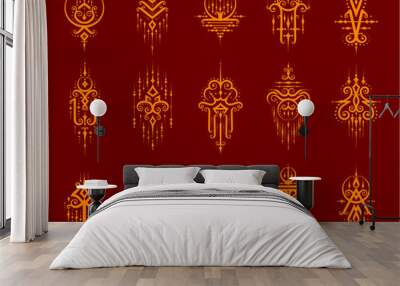 Thai sacred symbols, oriental tattoos and mystic talismans with vector gold pattern of line art elements, abstract geometric shapes. Sacred symbols, traditional Thailand ornaments and oriental motifs Wall mural