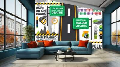 Traffic and transportation vector infographics. World map with pie chart, speed limit, death on road per country and accident graphs. Drink driving, car crash due to mobile phone, road safety poster Wall mural