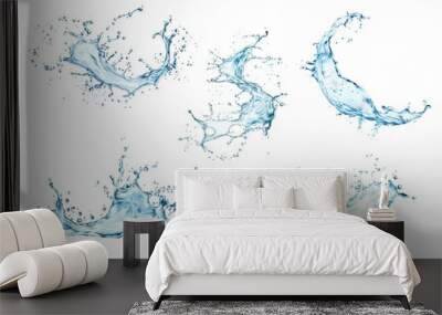 Transparent blue water splashes and wave with drops. Vector liquid splashing fluids with droplets, isolated realistic 3d elements, transparent fresh drink, clear aqua falling or pour with air bubbles Wall mural