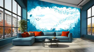 Underwater cave landscape, coral, manta and fish Wall mural