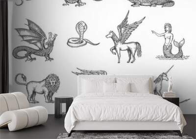 Unicorn, phoenix, dragon and Pegasus, minotaur or lion mermaid animal vector sketch. Crocodile, snake, griffin and werewolf, gryphon and centaur in sketch, fantastic mythology animal creatures Wall mural