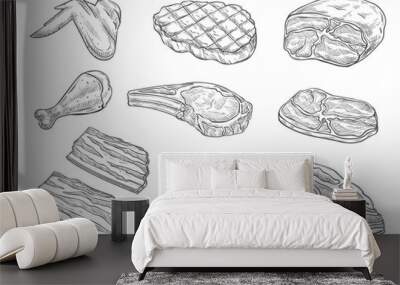 vector sketch butchery meat chicken icons Wall mural