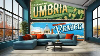 Venice and Umbria Italian provinces vintage plates and stickers, vector tin signs. Italy cities entry sings or car number plates with travel landmark symbols and tourism sightseeing Wall mural