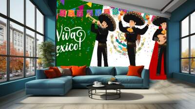 Viva mexico holiday background with mexican mariachi musicians band and national flag. Vector greeting banner with latino men trio in sombrero and national costumes playing guitar, trumpet and maracas Wall mural