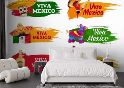 Viva Mexico isolated icons with chilli pepper musician characters, Mexican sombrero and pinata, Mexico flag, tequila, mariachi moustache and guitar. Mexican holiday and fiesta party greeting card Wall mural