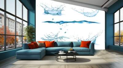 Water crown splash and wave swirl and drops. Vector liquid splashing aqua dynamic motion, blue water flow with spray droplets side view isolated on white background, realistic 3d pure water splashes Wall mural