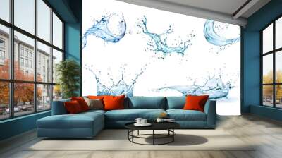 Water crown splashes and wave swirl with drops. Vector transparent blue liquid splashing fluids with droplets, isolated realistic 3d elements, fresh drink, clear aqua falling or pour with air bubbles Wall mural