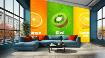 Water drops fruit juice background with orange, kiwi and lemon fruits. Vector vertical banners with realistic 3d tropical plant halves and scatter dews. Templates for drink, lemonade or cocktail ads Wall mural