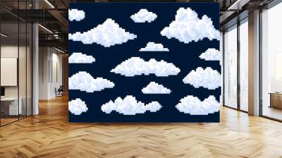 white isolated fluffy bubble pixel clouds in blue sky, vector 8bit pixel art game icons. cartoon 8 b Wall mural