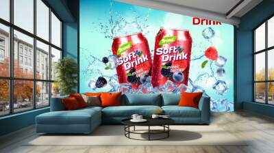 Wild berries mix tea drink can, splash and ice cubes in water splash, realistic vector background. Blackberry, raspberry and blueberry juice or lemonade soft drink or soda beverage can in ice cubes Wall mural