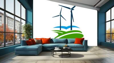 Wind turbine emblem. Green clean energy. Electricity production innovation sign, renewable power source generator tower or sustainable energy generation industry vector symbol with wind turbines Wall mural