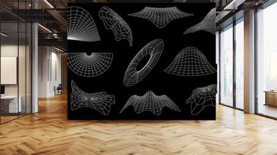 Wireframe grid and mesh, futuristic net. 3d vector set of cyber neo futuristic shapes, wavy geometric perspective plane. Abstract structures deformation, flowing surface. 80S cyberpunk meshy elements Wall mural