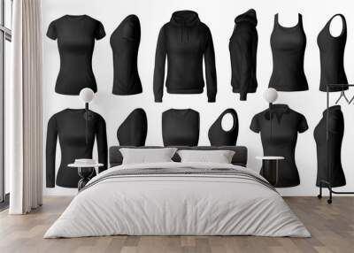 Women clothes isolated vector black tshirts polo, hoodie and longsleeve shirts with singlet apparel mockup. Realistic 3d female garment, underwear. Blank wear clothing design, outfit objects set Wall mural