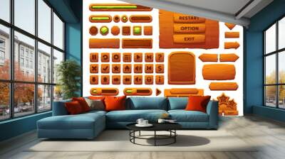 Wooden buttons cartoon interface. UI game, GUI elements with wooden texture. Game interface menu options, bars and sliders, user interface vector icons and buttons, wooden banners, arrows and pointers Wall mural