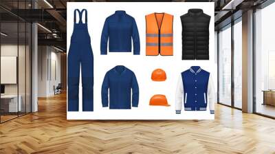 Workwear uniform and worker clothes, vector realistic safety jackets and overall vests. Work wear clothing suits and outfit garments for construction and builders, hardhat helmet and pants mockups Wall mural