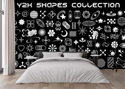 Y2K icons, graphic elements and retro shape symbols, vector abstract design. Y2K shapes of star, flower and line figures of 90s retro graphic with aesthetic geometric minimal icons and forms Wall mural