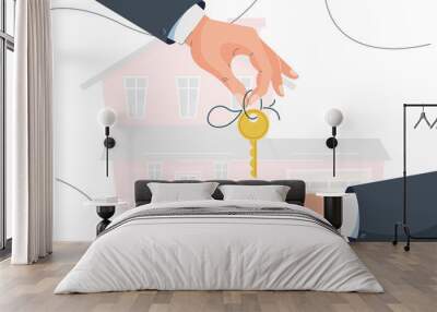 Buying a house vector illustration. Buyer brings keys for home purchase dealing. Seller gives house to a customer. Deal sale, mortgage, real estate property concept. Flat modern design Wall mural