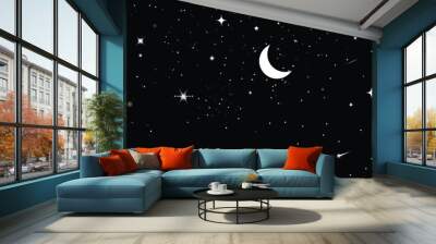 Bright star in the dark space background. Vector illustration. Stars and stardust in deep universe. Snowstorm texture. Bokeh lights on black background. Night sky background with stars, moon Wall mural