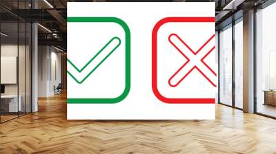 Green check mark, red cross mark icon design. Tick and cross checkmark icon. Check mark and wrong mark icon design. Set of red X and green check mark icons. Vector illustration. Wall mural