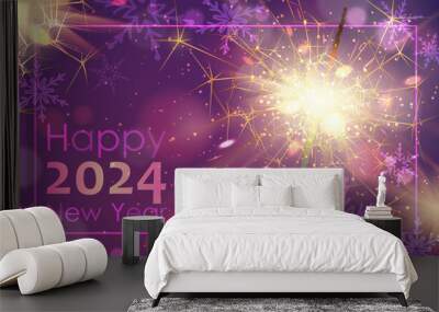 2024 happy new year banner, poster, holiday durk purple, pink background. Celebrate night party, sparkler little gold fireworks. Merry Christmas holiday design, decor. Vector illustration. Wall mural