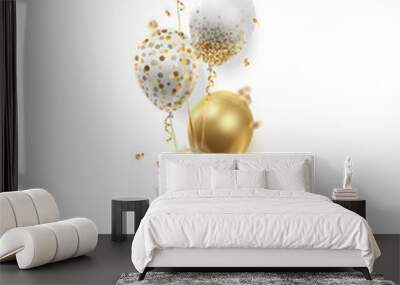 Bouquet, bunch of realistic golden ballons, transparent with confetti, serpentine, paper circles and ribbons. Vector illustration isolated on white background. Wall mural