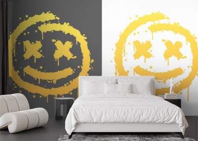 Yellow smile with crosses in their eyes, graffiti with splashes, paint streaks. Isolated on white, grey background. Vector illustration for party, postcard, banner, cards, web, design, advertising. Wall mural