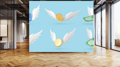 3D credit card, gold coin and dollar bill with wings isolated on blue background. Finance and banking. Lost money concept. Vector 3d illustration Wall mural