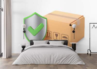 3D parcel box and shield with green check mark. Shipping Insurance, transportation safety and logistics concept. Vector 3d illustration Wall mural