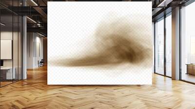 Brown dusty cloud or dry sand flying with a gust of wind. Sandstorm realistic texture with small particles or grains of sand. Vector realistic illustration Wall mural