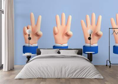 Vector cartoon hands shows fingers, counting from one to five isolated on blue background. 3D cartoon set of counting hands. Hands gesture numbers. Wall mural