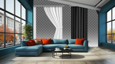 Vector white and black curtains isolated on transparent background. Realistic mockup curtains hanging on metal  rod Wall mural