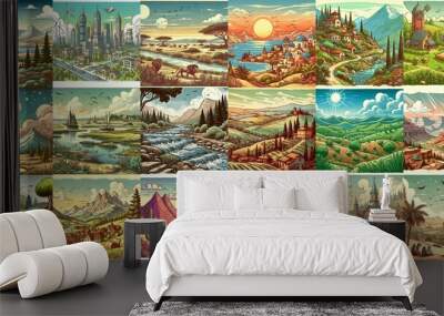 Cartoon landscapes. AI generated illustration Wall mural