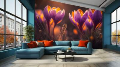 Crocuses with sunny background. AI generated illustration Wall mural