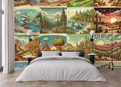 Funny cartoon landscapes. AI generated illustration Wall mural