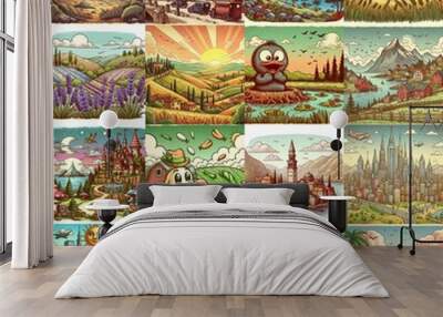 Funny cartoon landscapes. AI generated illustration Wall mural