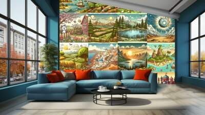 Funny cartoon landscapes. AI generated illustration Wall mural