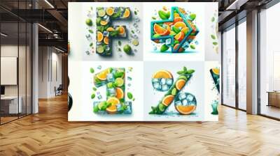 Ice cubes and mints and citrus Lettering Typeface. AI generated illustration Wall mural