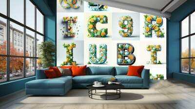 Ice cubes and mints and citrus Lettering Typeface. AI generated illustration Wall mural