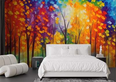 Painting of a row of colorful trees. AI generated illustration Wall mural