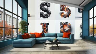 Raw stone and lava 3D Lettering Typeface. AI generated illustration Wall mural