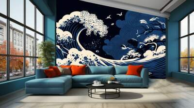 Rough sea Japanese style background. AI generated illustration Wall mural