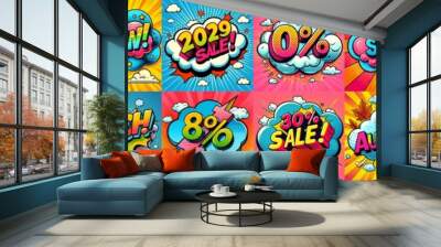 Sale stickers pop art style. AI generated illustration Wall mural